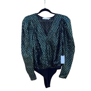 Astr The Label Belinda Bodysuit Emerald Green Jewel Tone Flocked Glam Large NWT